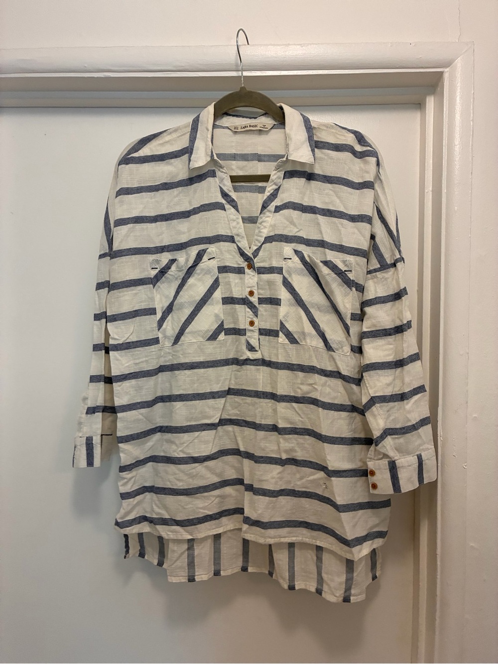 Striped Button Front Tunic - White & Blue